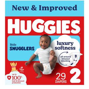 lot 20344 image: Huggies Size 2 Diapers, Little Snugglers Baby Diapers, Size 2 (12-18 lbs), 29 Count, Packaging May Vary