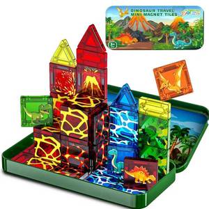 lot 20354 image: SKTMYY Mini Magnetic Tiles,Dinosaur Themed Travel Magnetic Tiles Set with Iron Box for Kids Ages 3,Car Airplane Travel Essential,Educational Preschool Toys,Birthday Gifts