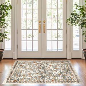 lot 20356 image: jinchan Eden Floral Washable Area Rug 3x5 Entryway Rug Vintage Lightweight Soft Non-Slip Indoor Low Pile Distressed Orange Fall Decor Carpet for Living Room Bedroom Entrance Laundry Nursery