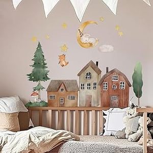 lot 2266 image: Cute Forest House Wall Decals for Kids Room, Large Nursery Wall Stickers with Moon & Stars, Eco-Friendly PVC Wall Decor for Bedroom