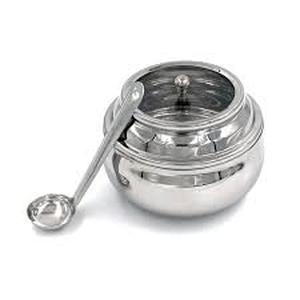 lot 4303 image: Stainless Steel Ghee Pot with Spoon and Lid, Silver, Matka Design, Oil and Pickle Container for Kitchen (Capacity 150 Milliliters)