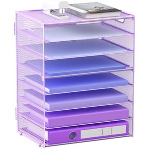lot 1905 image: 8 Tier Paper Letter Tray Organizer with Handles, Mesh Desk File Holder Storage Organization for Home School Classroom & Office (Purple)