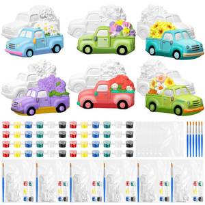 lot 1915 image: JellyArch 6 Set Spring DIY Painting Kit Ceramic 3D Ceramic Truck with Flowers to Paint Your Own Truck with Daisy Sunflower Tulip Statues Unpainted Plaster Craft with Brush Paint Bag for Adult