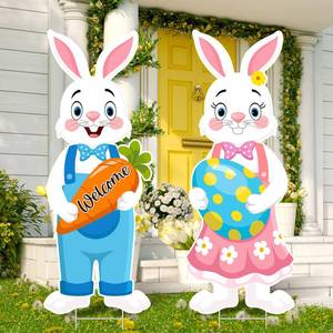 lot 1932 image: Maitys Easter Decorations Outdoor Bunny and Egg Yard Signs Happy Easter Welcome Signs with Stakes Spring Lawn Sign Decor for Garden Hunt Game Party Supplies Props, 32 x 12.6 Inches
