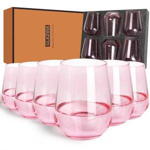 lot 1937 image: GLAZVIA Pink Stemless Wine Glasses Set of 6, 15oz Drinking Glassware Dishwasher Safe, Wine Glass Tumblers for Red or White, Gift for Party, Holiday, Anniversary, Restaurant, Home Bar, Daily Use