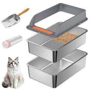 lot 1938 image: Stainless Steel Sifting Litter Box with Lid, Large Sifting Cat Litter Box for Pine Pellets & Big Cats,Metal Pellet Sifter Litter Pan System for Odor Control,Sifting Box Liners & Scoop