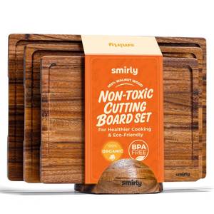 lot 1943 image: SMIRLY Bamboo Cutting board for Kitchen - Wood Cutting Boards for Meal Prep, Serving, Charcuterie - Kitchen Gadgets, House Warming Gifts - Wooden Chopping Board Set of 3 with Holder - Natural Bamboo
