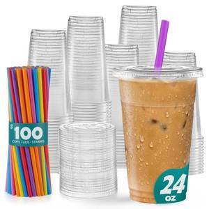 lot 1951 image: GUSTO 24 oz. - 100 Count Clear Cups with Flat Lids & Straws - Disposable Clear Drinking Cups for Iced Coffee, Cold Drinks, Milkshakes, and Smoothies - Formerly Comfy Package