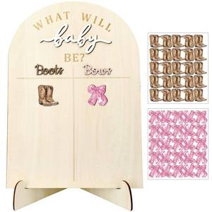 lot 2399 image: BrightRow Boots or Bows Gender Reveal Decorations Baby Shower Wooden Voting Board with Stand, Girl or Boy Voting Stickers Guessing Gender Reveal Game Idea Board Cast Your Vote Sign Cowboy Baby Shower