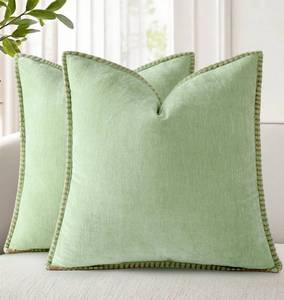 lot 2403 image: decorUhome Summer Chenille Soft Cozy Throw Pillow Covers 18x18 Set of 2, Modern Farmhouse Boho Velvet Decorative Pillow Cases with Stitched Edge for Couch Sofa Bed Home Decor, Sage Green