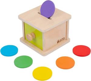 lot 2406 image: Adena Montessori Coin Box,Object Permanence Box for 1 Year Old Baby Coins,Wooden Ball Drop Developmental Toys for 6-12 Month Infant Toddler,Learning Kids Gifts(Yellow-Green Door)