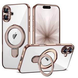 lot 4027 image: ETPESOK Compatible with iPhone 17 Case with Invisible Magnetic Ring Stand Compatible with Mag-Safe Full Camera Lens Protector Plating Clear Phone Case for iPhone 17 6.3, Desert Gold