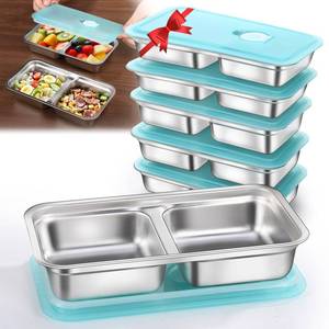 lot 4040 image: Tikmos 6 Pack Stainless Steel Snack Containers Reusable, Grab and Go 2 Compartment Food Storage Containers with Leakproof Lids for Travel and Outdoor Camping School Lunch Prep Dishwasher Safe