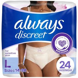 lot 4044 image: Always Discreet for Sensitive Skin Underwear, Four Times Skin Protection, Dermatologically Tested, Fragrance-Free, Maximum Absorbency, Large, 24 Count