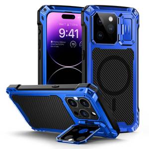 lot 4053 image: Lanhiem for iPhone 14 Pro Max Metal Case, Built-in Camera Kickstand & Tempered Glass Screen Protector Protective Rugged Heavy Duty Full Body Magsafe Military Cover for iPhone 14 Pro Max 6.7(Blue)