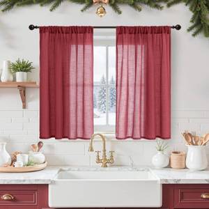 lot 4408 image: BGment Burgundy Linen Kitchen Curtains 40 Inch Length, Short Semi Sheer Drapes with Rod Pocket for Cafe Bathroom Over Sink Windows Lightweight, 2 Panels Set, Each 42 Inch Wide