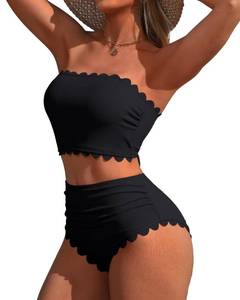lot 4454 image: Charmo Bandeau Womens High Waisted Bikini Swimsuit Tummy Control Strapless Cute Swim Suit Full Coverage Bikinis Black L