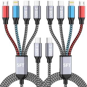 lot 4456 image: USB C 4 IN 1 Multi Charging Cable, Travel Essentials with Dual Type-CMicroIP Port, 2 Packs 5FT Nylon Multiple Charger Cord for iPhone 17 Pro Max17 Air161514, Galaxy S25, iPad, Andorid and More
