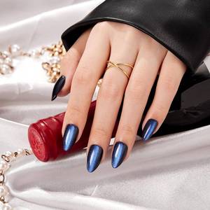 lot 4471 image: VSALON Almond Short Press on Nails for Newbies, Summer Dark Blue Cat Eye Chrome Glossy Glitter Stick On 32 pcs Fake Nails Kit in 16 Sizes, Reusable Opaque Gel Nails with Glue