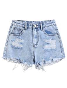 lot 4489 image: oyyniis Girls Ripped Jeans Shorts Raw Trim High Waist Straight Leg Blue Denim Shorts with Pockets Size 12