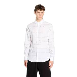 lot 6085 image: Armani Exchange Mens Regular Fit Cotton Poplin Printed Long Sleeve Button Down Woven Shirt, White, Medium