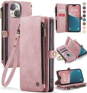 lot 6097 image: Defencase Compatible with iPhone 13 Case Wallet with RFID Blocking Card Holder for Women and Men, Fashion PU Leather Magnetic Snap Flip Zipper Strap Wallet Phone Case Fit for iPhone 13 6.1, Rose Pink