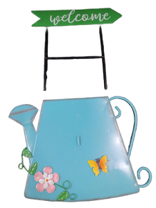 lot 6110 image: Blue Metal Watering Can Wall Decor with Butterfly and Flower Design