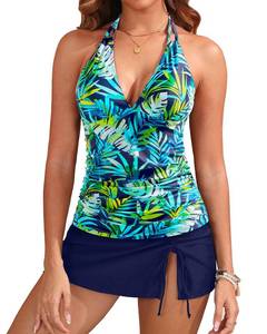 lot 6111 image: Yonique 2 Piece Swimsuits for Women Halter Tankini Top with Skirt Bottom Tummy Control Bathing Suit Blue Leaves 2 L