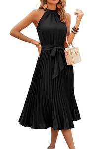 lot 6114 image: KIRUNDO Womens 2026 Summer Sleeveless Halter Neck Pleated Midi Cocktail Dresses A Line Flowy Beach Sun Dress with Belt(Black, Medium)