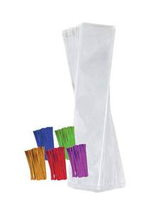 lot 6144 image: Purple Q Crafts Clear Plastic Cellophane Bags with 4 Colored Twist Ties for Gifts Party Favors (2x10 100 Pack)