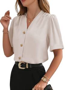 lot 6246 image: EVALESS Womens Tops Short Sleeve Button Down Shirts Casual Business Dressy Blouses Summer Fashion Clothes Beige L