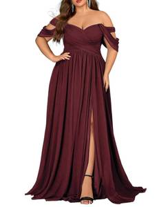 lot 6253 image: VOUIAO Womens Daily Plus Size Dresses A Line Chiffon Wedding Guest Bridesmaid Maxi Dress Prom Evening Party Cocktail Gown Wine red 2XL