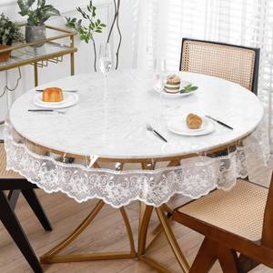 lot 6266 image: Clear Round Plastic Tablecloth Protector with Lace Around Waterproof Oil-Proof PVC Table Cloth Stain-Resistant Wipeable Table Cover for Round Table