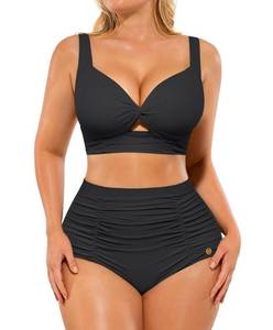 lot 6272 image: SHAPELLX Black Two Piece Swimsuits for Women Tummy Control Bikini High Waisted Bathing Suit V Neck Twist Front Swimwear (Black, Medium)