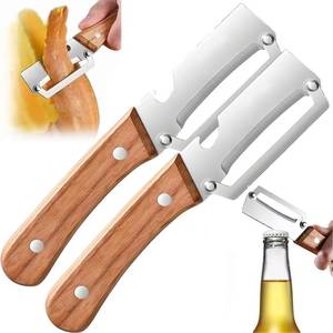 lot 6291 image: NEW Premium Vegetable Peeler with Wooden Handle and Bottle Opener 2-in-1 Stainless Steel Kitchen Tool for Fruit Apple Potato Pumpkin Papaya (2Pcs)