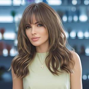 lot 6299 image: XIXIBI Ombre Wig with Bangs for Women, Brown Mixed Caramel Blonde Highlights Curly Wavy Wigs, Beginner Friendly 4x4 Realistic Scalp, Face-Framing Layered Synthetic Wigs for Daily Party Use 18Inch