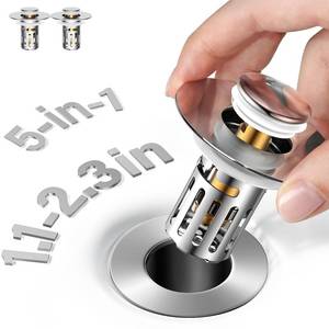 lot 6302 image: 5-in-1 Bathroom Sink Stopper, 2 Pc Pop-Up Drain Stopper with Removable Hair Catcher, Anti-Clog Strainer, Odor Blocking & One-Way Flow Design, All Metal Brass Core & Stainless Steel, Fit 1.1��2.36