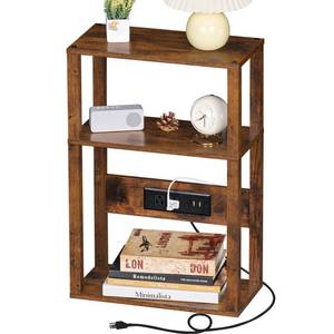 lot 6306 image: YUFAM 3-Tier Small Narrow Wood Side Table with Charging Station, Skinny Nightstand for Small Space, Slim Bedside Table with Storage for Couch, Thin End Table with USB Ports and Outlets, Rustic Brown