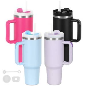 lot 6363 image: A2 Pack 40 Oz Tumblers with Handle Bulk, Double Wall Vacuum Insulated Stainless Steel Tumblers with Lid and Straw, 40 oz Cups with Silicone Spill Proof Stopper Set (Black,Sky Blue,Purple,Hot Pink)