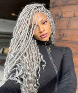 lot 6370 image: LUXLUXE Andrea 4x4 Curly Length 31 Inch Extra Long 4X4 Hand Tied Lace Braid Wig, Beauty Heat Resistant Fiber, (Grey)