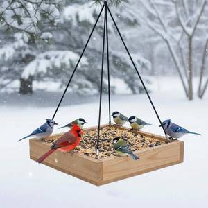 lot 6375 image: Cedar Wood Platform Tray Bird Feeder 12 - Hanging Bird Feeder for Outside Outdoor - Stainless Steel Cable Mesh Base - Weather Proof Birdfeeder for 10 Years - Longtime Outdoor Lasting Heavy Duty