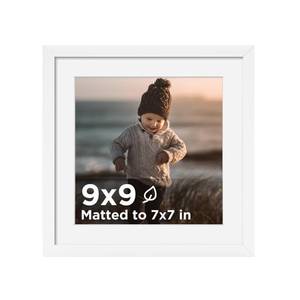 lot 6385 image: KINLINK 9x9 Picture Frame White, Wooden Square Photo Frame Matted 7x7 with Plexiglass for 7x7 with Mat or 9x9 without Mat for Table and Wall Display