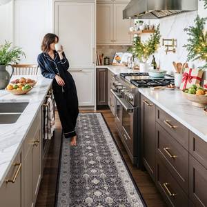 lot 6392 image: Hallway Washable Runner Rug - 26x14 Kitchen Rugs Entryway Rug Runner Vintage Soft Floor Mat Non Slip Indoor Farmhouse Carpet for Bathroom Living Room Bedroom (26x14, Black)