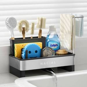 lot 11373 image: Nacial Kitchen Sink Caddy Organzier with High Brush Holder, Sponge Holder for Kitchen Sink with Two Towel Racks - Rustproof 304 Stainless Steel Kitchen Countertop Storage Essentials