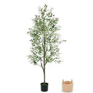 lot 11407 image: Zynaro Olive Trees Artificial Indoor 6FT, Faux Olive Tree with Woven Basket & Natural-Looking Wood Trunk, Realistic Leaves & Fruits, Maintenance-Free Tall Fake Olive Tree for Modern Home Office Decor