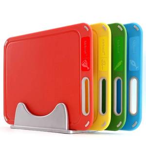 lot 11416 image: Plastic Cutting Board, Set of 4 with Storage Stand, Color Box Packed, BPA-Free, Preventing Cross-contamination of Different Food Types, Dishwasher Safe