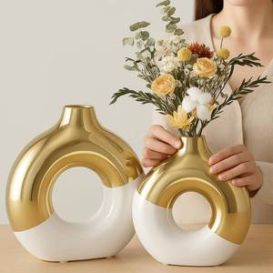 lot 11427 image: White and Gold Vase Decor Donut Vase Set of 2 - Circle Hollow Vases, Modern Matte Ceramic Vases for Entryway Living Room Bedroom Dining Table Centerpiece Office Home Decor (Only Smaller One)