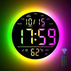 lot 11431 image: EASYERA 10 Large Digital Wall Clock with Remote Control, Music Sync RGB Atmosphere Light, Low-Reflectivity, Temperature, LED Display, Dual Alarms, BT Sync, Auto DST for Bedroom and Classroom