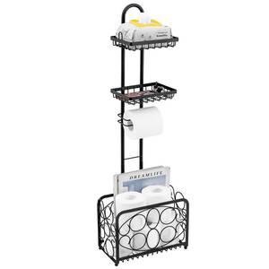 lot 11440 image: Oasis Creations Toilet Paper Holder Tissue Rack Stand with Magazine Toilet Roll Storage Basket- Freestanding, Black Metal