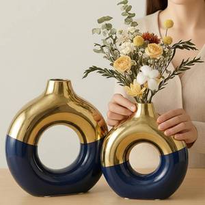 lot 11451 image: Blue and Gold Vase Decor Donut Vase Set of 2 - Circle Hollow Vases, Modern Matte Ceramic Vases for Entryway Living Room Bedroom Dining Table Centerpiece Office Home Decor (Only Small One)